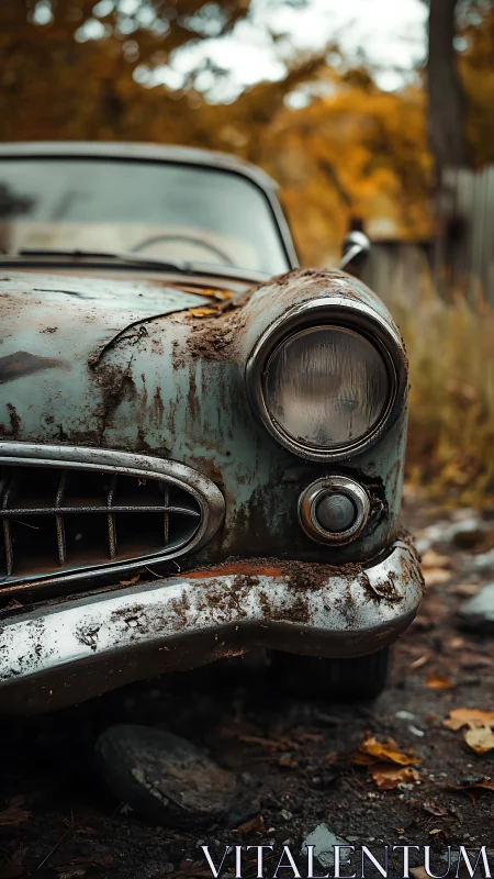 Weathered vintage car front shows rust and surface decay