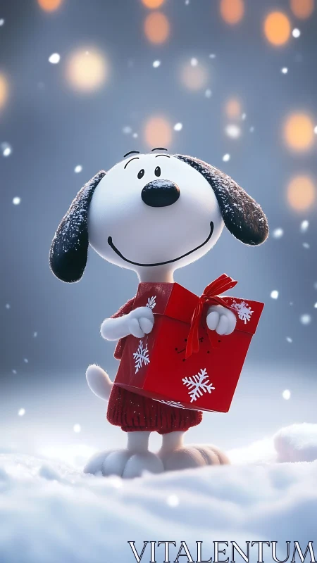 Joyful cartoon dog shares a snowy holiday gift moment