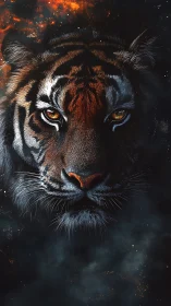 Fierce ember eyed tiger emerging from smoky twilight calm.