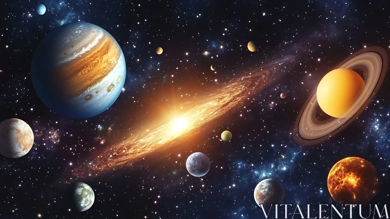 Stylized solar system visualization with luminous galactic core