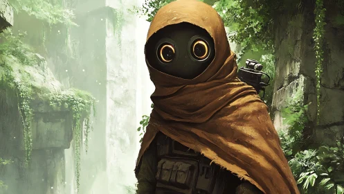 Hooded jungle scout robot listens to the ancient green silence