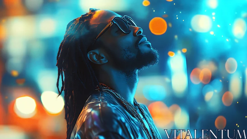 Man in sunglasses in neon city bokeh night portrait.