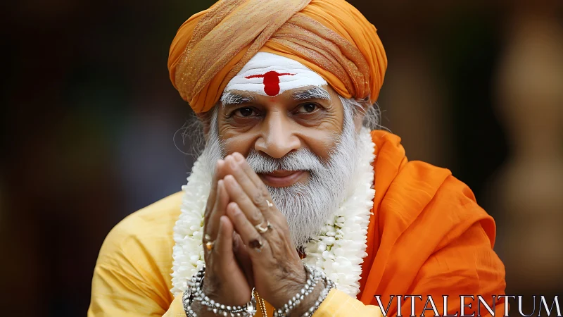 Smiling Hindu elder in orange robes with folded hands.