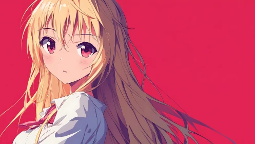Blonde anime girl in white shirt on solid red background.