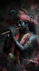 Divine blue-skinned flute deity with ornate jewelry and florals