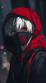 Hooded white haired anime character with red eyes at night.