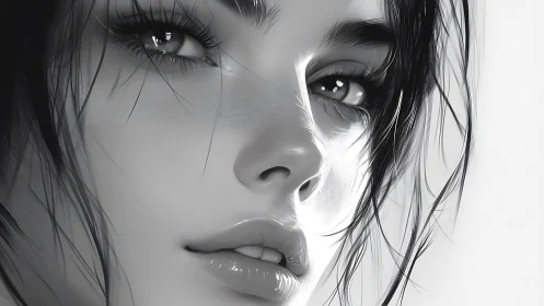 Soft monochrome portrait with luminous, thoughtful eyes.
