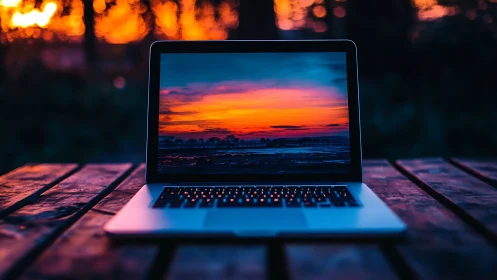 Photographic laptop sunset composition on rustic table surface.