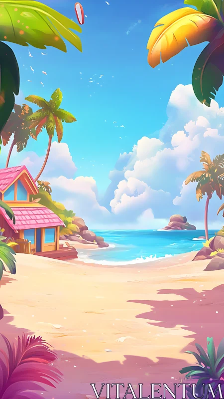 Tropical Beach Scene with Colorful Cottage Architecture