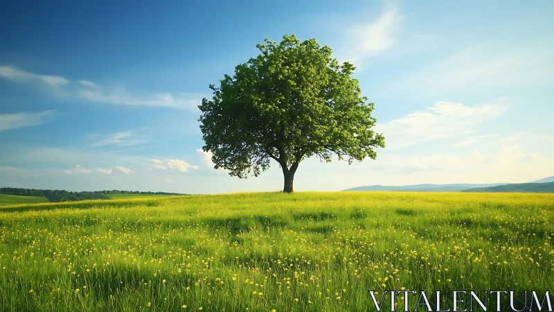 Isolated deciduous tree centered in sunlit spring meadow