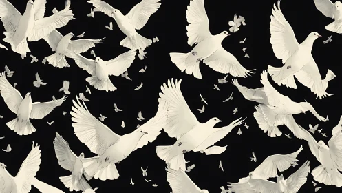 Monochrome dove pattern in dynamic flight composition.
