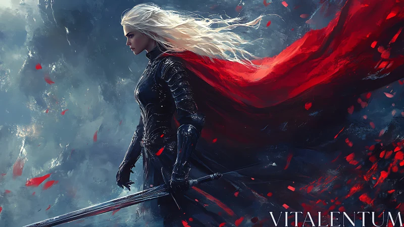 Wind-whipped crimson cloak crowns the silver-haired swordswoman