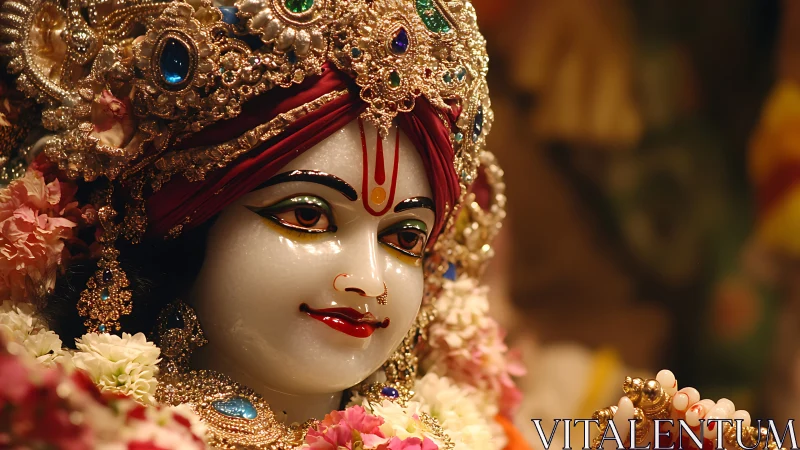 Ornate deity statue in jeweled crown and warm temple glow.