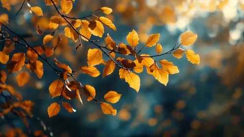 Autumn branch with vivid orange leaves in soft focus background.