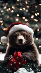 Festive baby bear cuddles Christmas gifts under soft lights