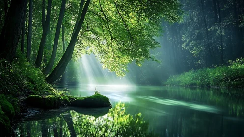 Sunbeams Through Lush Forest Above Serene River, Photorealistic Scene.