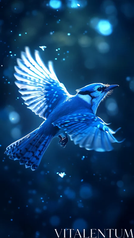 Luminescent Blue Bird in Flight with Glowing Particles.