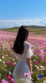 Woman in white dress standing in extensive pink flower field.