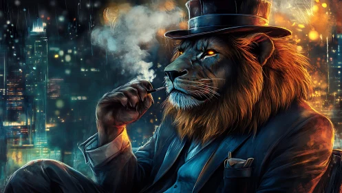 Midnight lion magnate contemplates the city in ember smoke