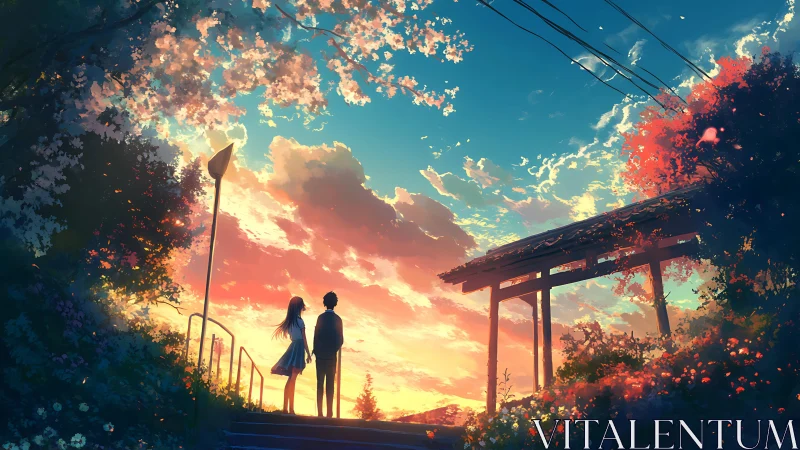 Sunset shrine hillside with silhouetted anime couple below