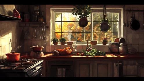 Sunlit rustic kitchen with herbs, produce, and autumn window.