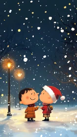 Children standing under snowfall near lampposts at night.