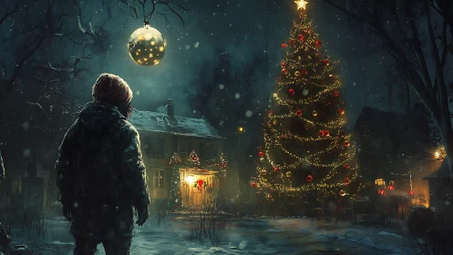 Child observing illuminated outdoor Christmas tree at night.