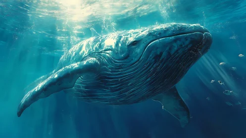 Sunlit giant whale drifting through sapphire underwater skies.