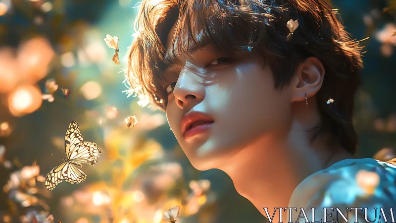 Dreamy youth portrait with glowing butterflies in bokeh forest.