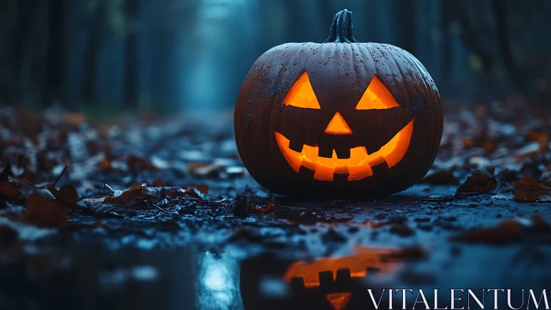 Jack o lantern grins alone on a rain slicked forest path