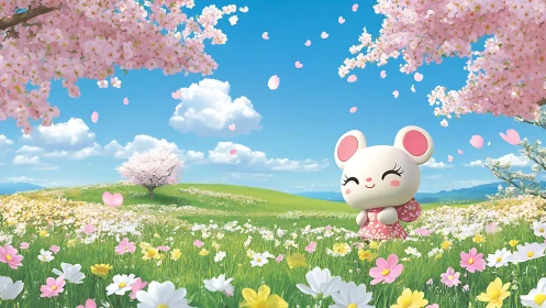 Gentle mouse enjoys a sunny spring meadow of blossoms
