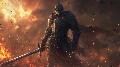 Armored knight advances through incendiary battlefield haze