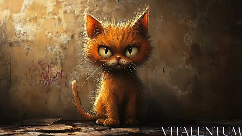 Orange Cat Portrait Against Weathered Wall.