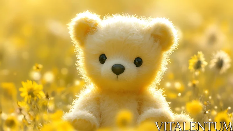 Soft teddy bear glowing in dreamy golden meadow light.