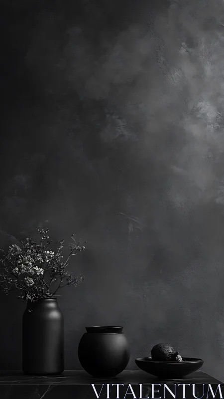 Matte black still life set against a moody textured backdrop