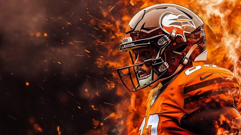 Gridiron inferno warrior strides through swirling flames.