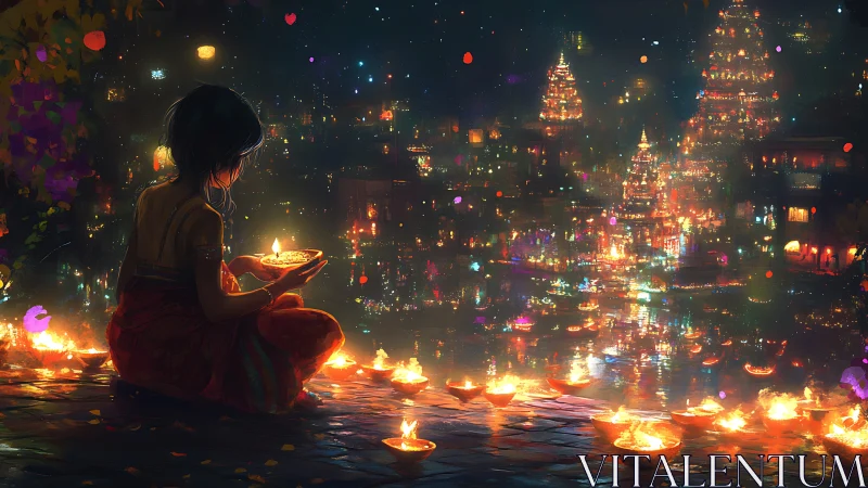 Girl by riverside diya lights under festival night sky.