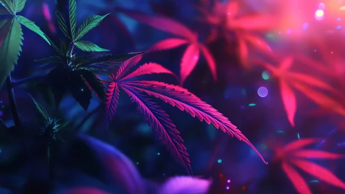 Dreamy neon leaves glowing in soft pink and blue night light.