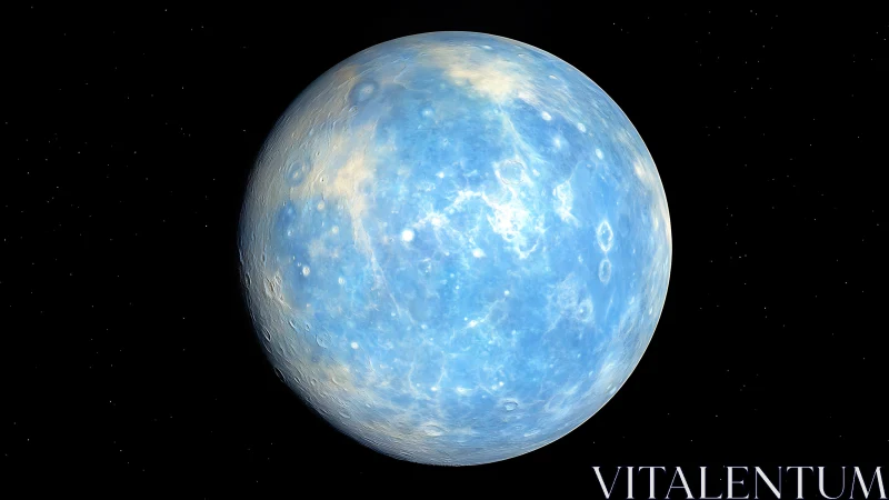 Icy blue planet glows against a deep black starfield backdrop.