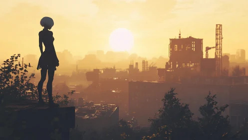 Quiet silhouette watching a dreamy city sunrise glow.