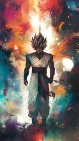 Cosmic warrior strides through swirling painted energy.