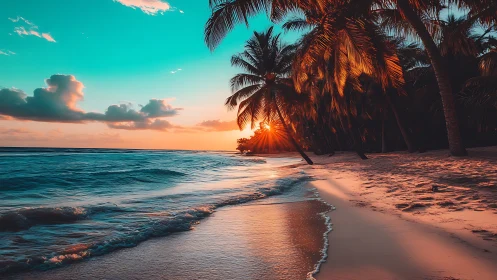 Tropical Sunset Beach with Palm Trees and Ocean Waves.