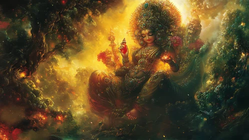 Radiant forest goddess rests in glowing jeweled splendor