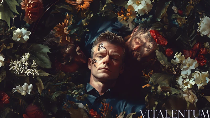 Two dreaming selves bloom quietly inside a painted forest