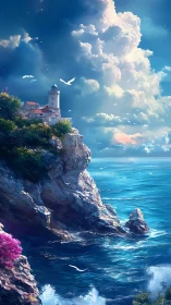 Coastal Lighthouse on Clifftop Overlooking Turquoise Sea