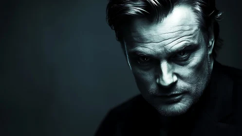 Moody low key male portrait with cyan cinematic rim lighting.