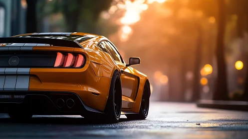 Orange sports coupe rendered in dramatic sunset bokeh lighting