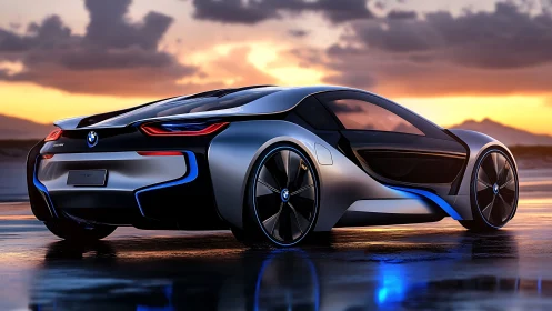 Photorealistic rear three-quarter view of futuristic sports coupe.