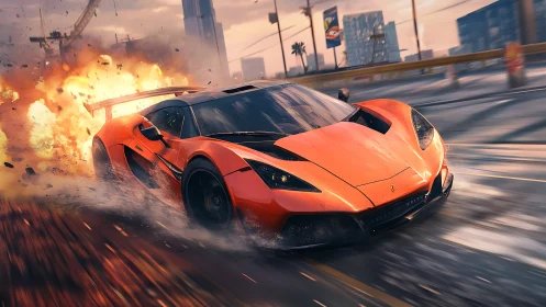 Orange supercar drifts through city street as explosion erupts