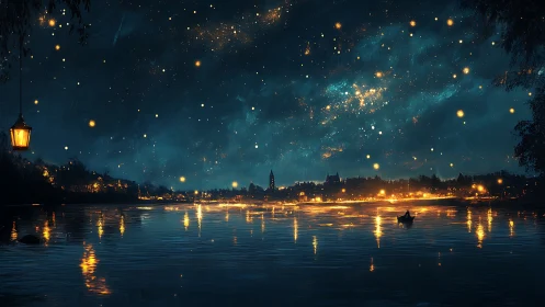 Starlit river city glows beneath an enchanted midnight sky